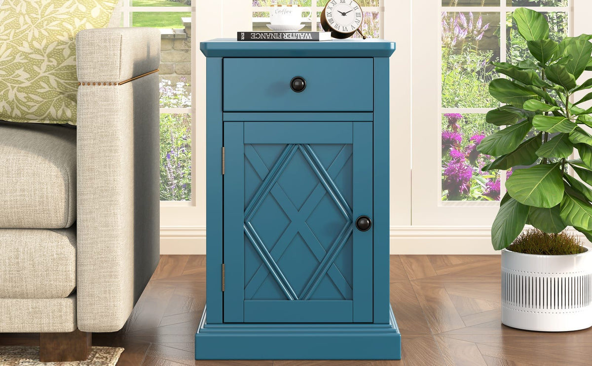 Navy Blue MDF Charging End Table with Storage for Living Room