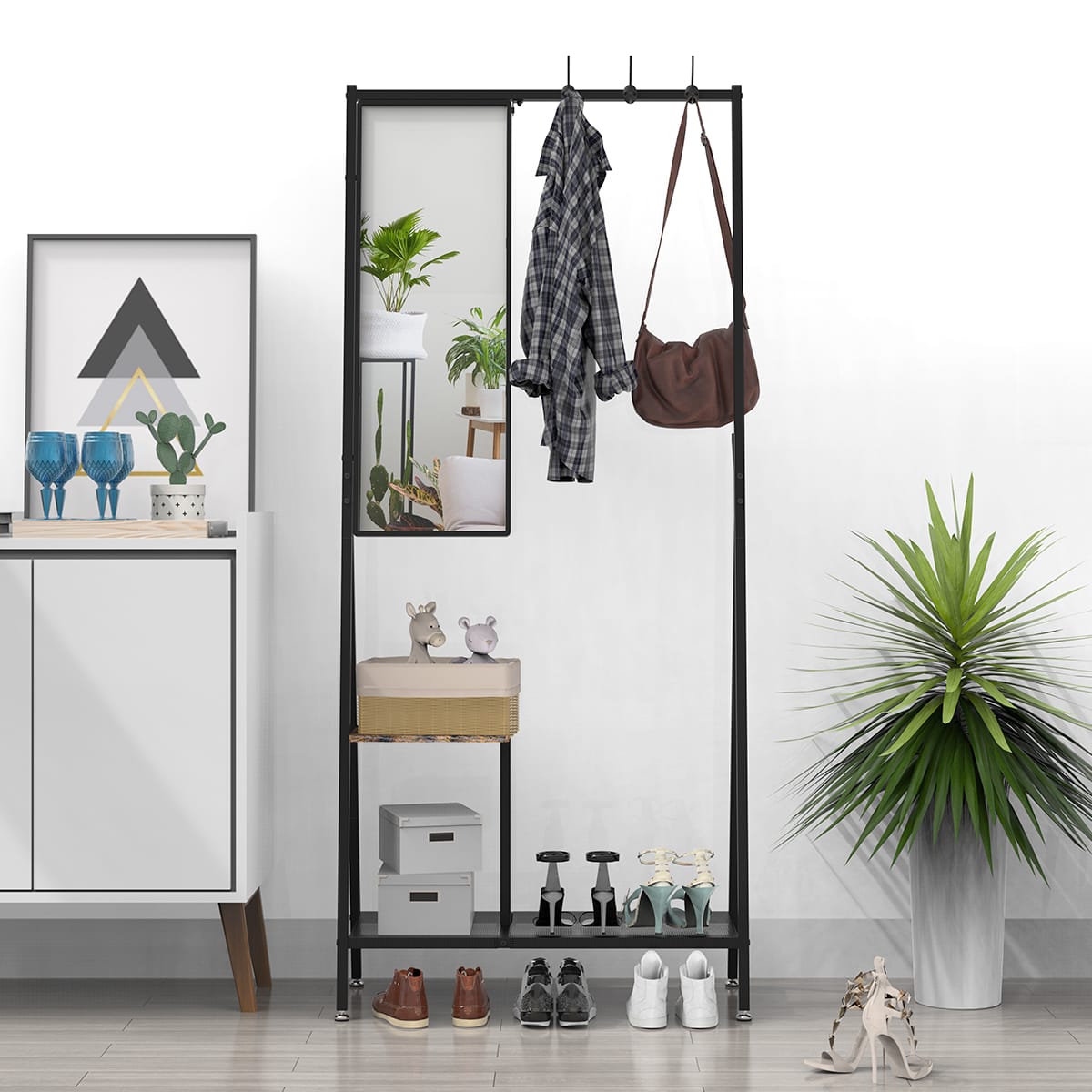 Black Brown Metal Coat Rack with Mirror - 73" Hall Tree