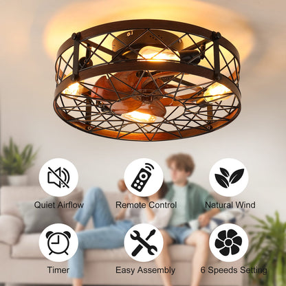 Black Caged Ceiling Fan Light - 20 Inch Farmhouse Style