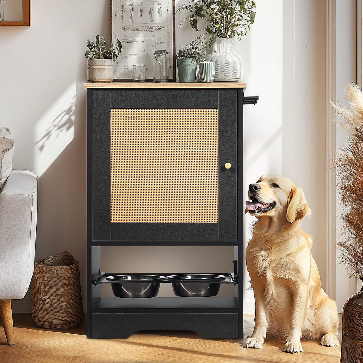 Feeding Station with Storage Cabinets - Black Vintage Pet Feeder