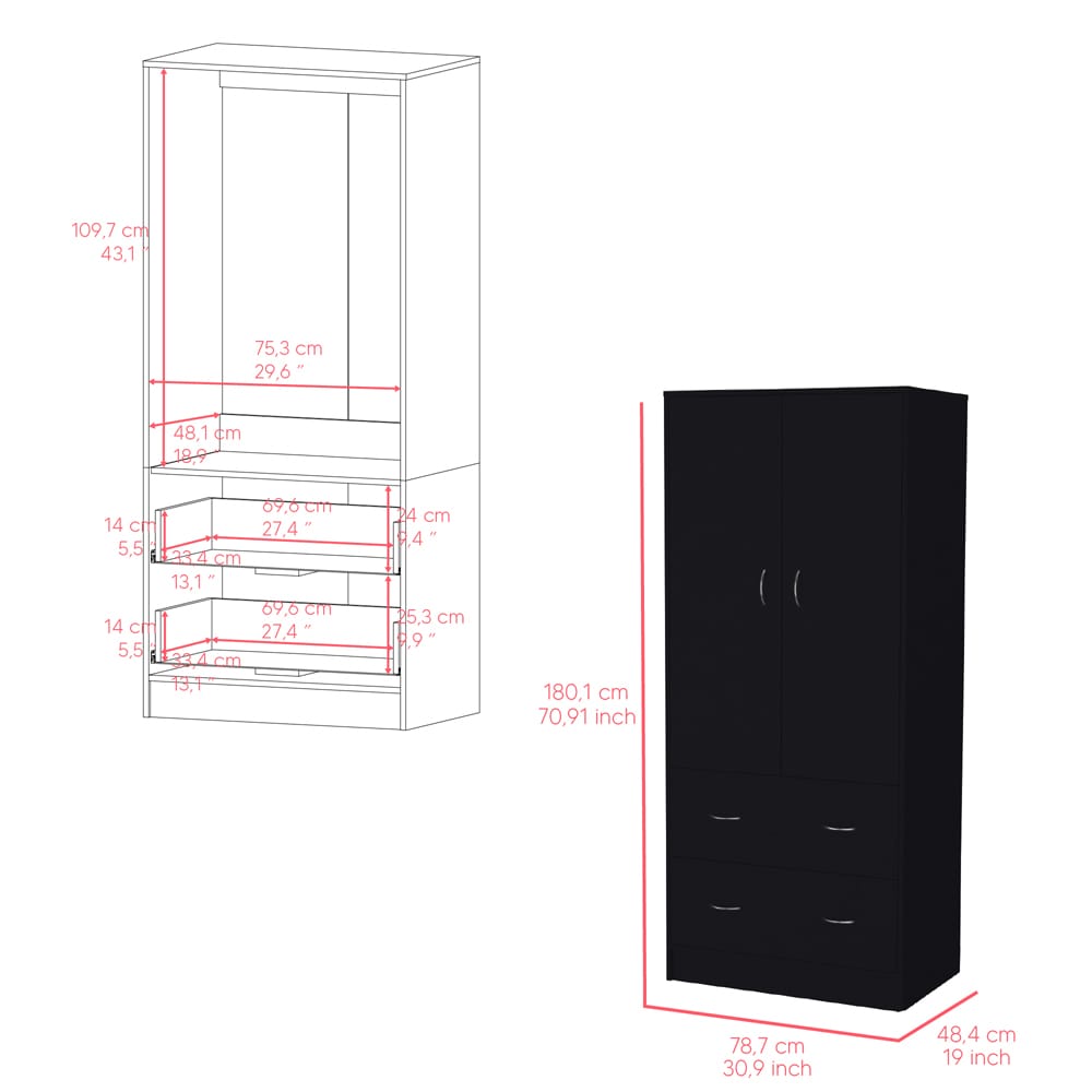 Black Engineered Wood Armoire for Bedroom Storage and Wardrobe