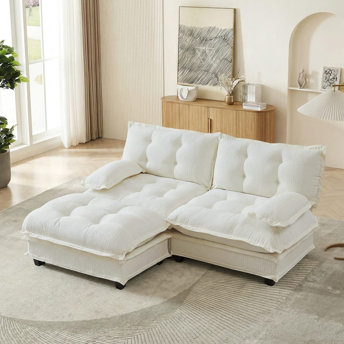 2-Seat Beige Chenille L-Shaped Sofa - Modular Sectional Couch for Living Room