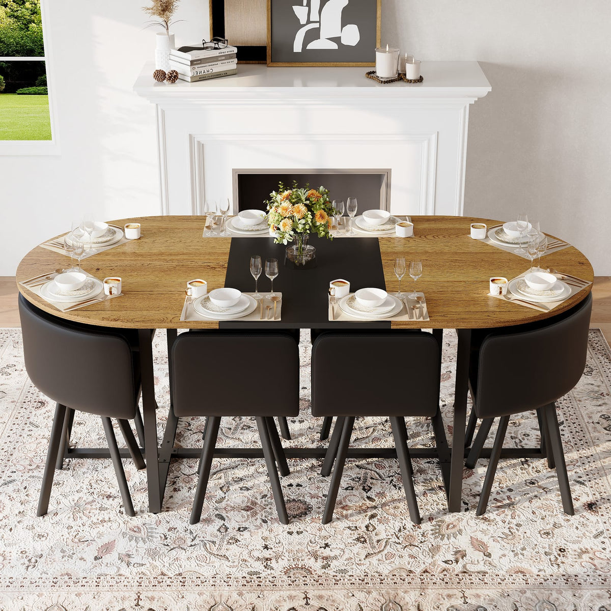 Dining Room 9-Piece Oval Dining Table Set - Seats 8, Black Wood Grain & PU Leather