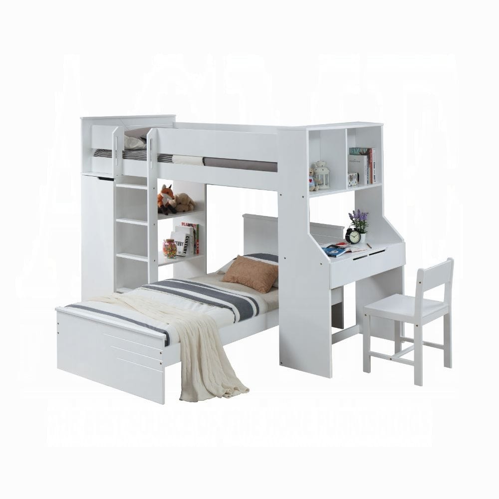 White Twin Loft Bed with Desk & Wardrobe - Space Saving Design