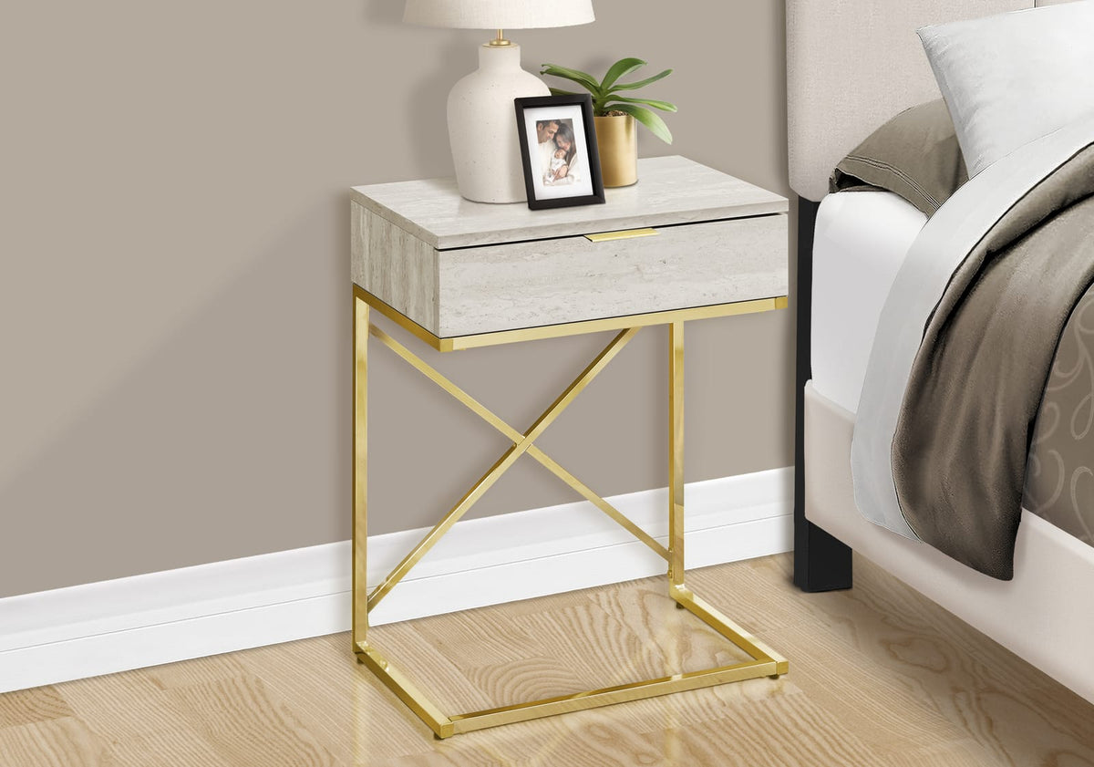 Beige Accent Table - Storage Drawer Side Table, Marble Look