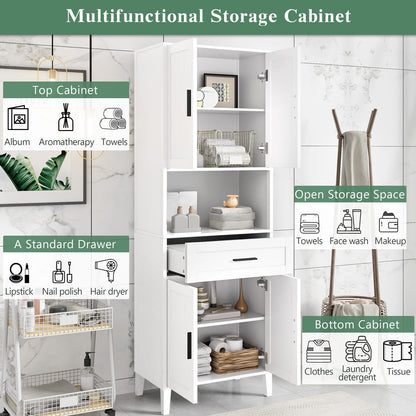 White Bathroom Cabinet with Drawer & Shelves - 70.9" Tall