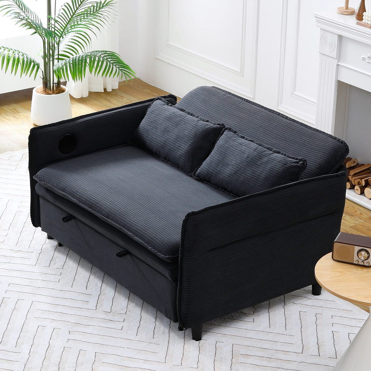 65.74" Black Corduroy Sofa Bed - Adjustable Comfort & Storage