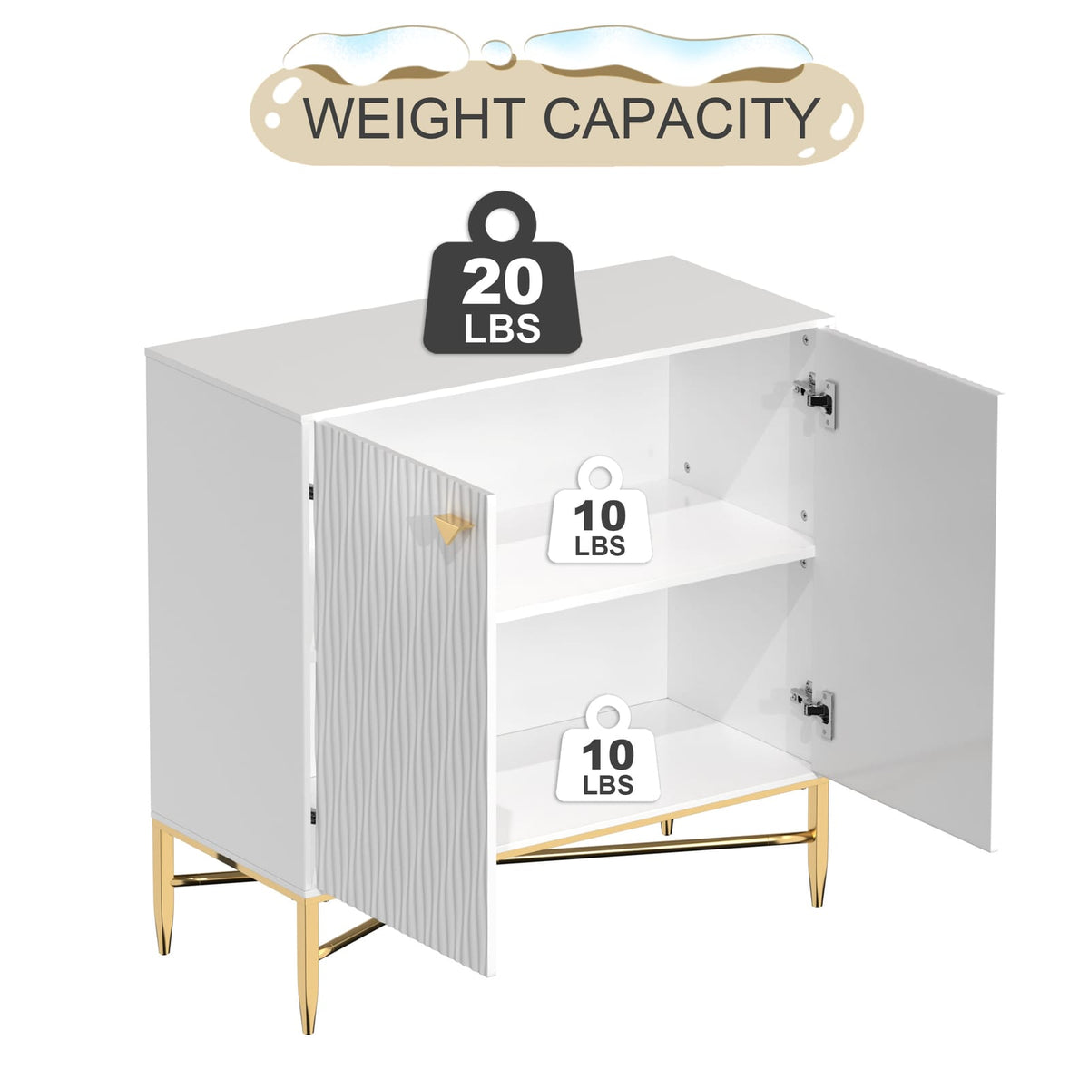 White MDF Iron Accent Cabinet 2 Door Storage for Living Room