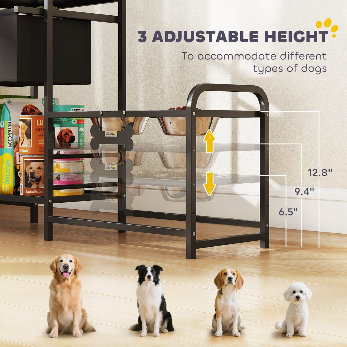 PawHut Elevated Dog Bowls - 2 Feeding Stations, Steel Black
