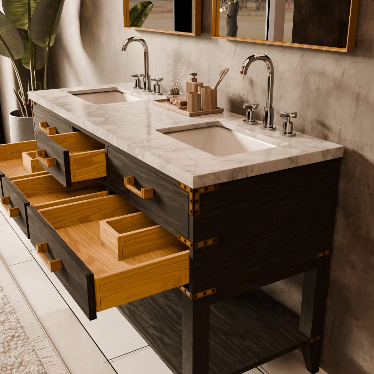 Black Oak Bath Vanity with Carrara Marble - 60" W for Bathroom
