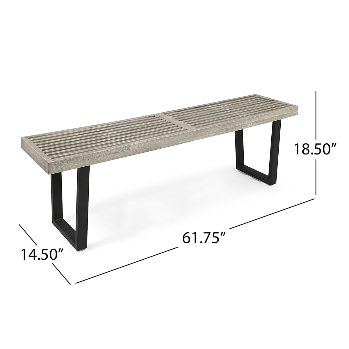 Metal/Solid Wood Outdoor Bench - Acacia Wood, Black & Gray