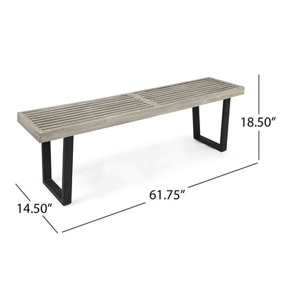 Metal/Solid Wood Outdoor Bench - Acacia Wood, Black & Gray