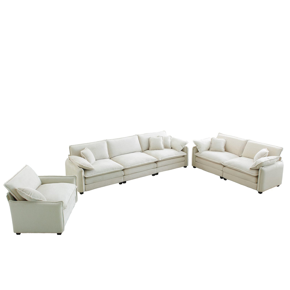 6 Seat Beige Corduroy Sofa - Retro Sectional Sofa