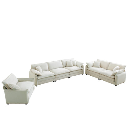 6 Seat Beige Corduroy Sofa - Retro Sectional Sofa