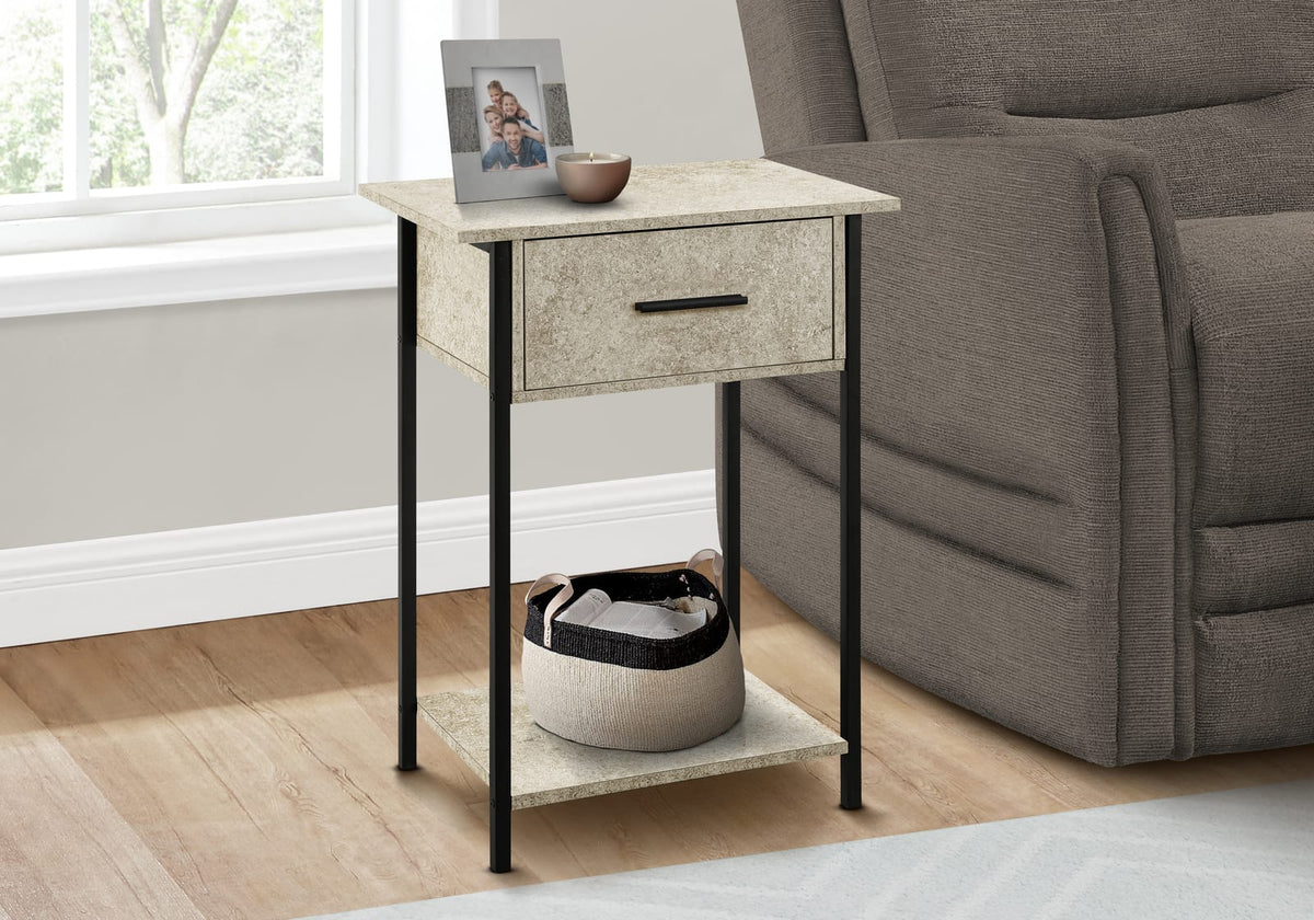 24" Black Metal Accent Table with Cream Stone Drawer for Living Room