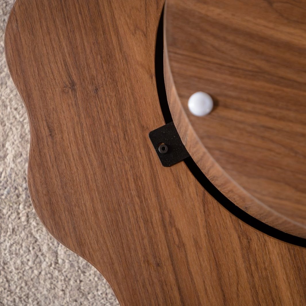 Walnut Wood Coffee Table - 31.3" Round Scalloped Edge Table for Living Room