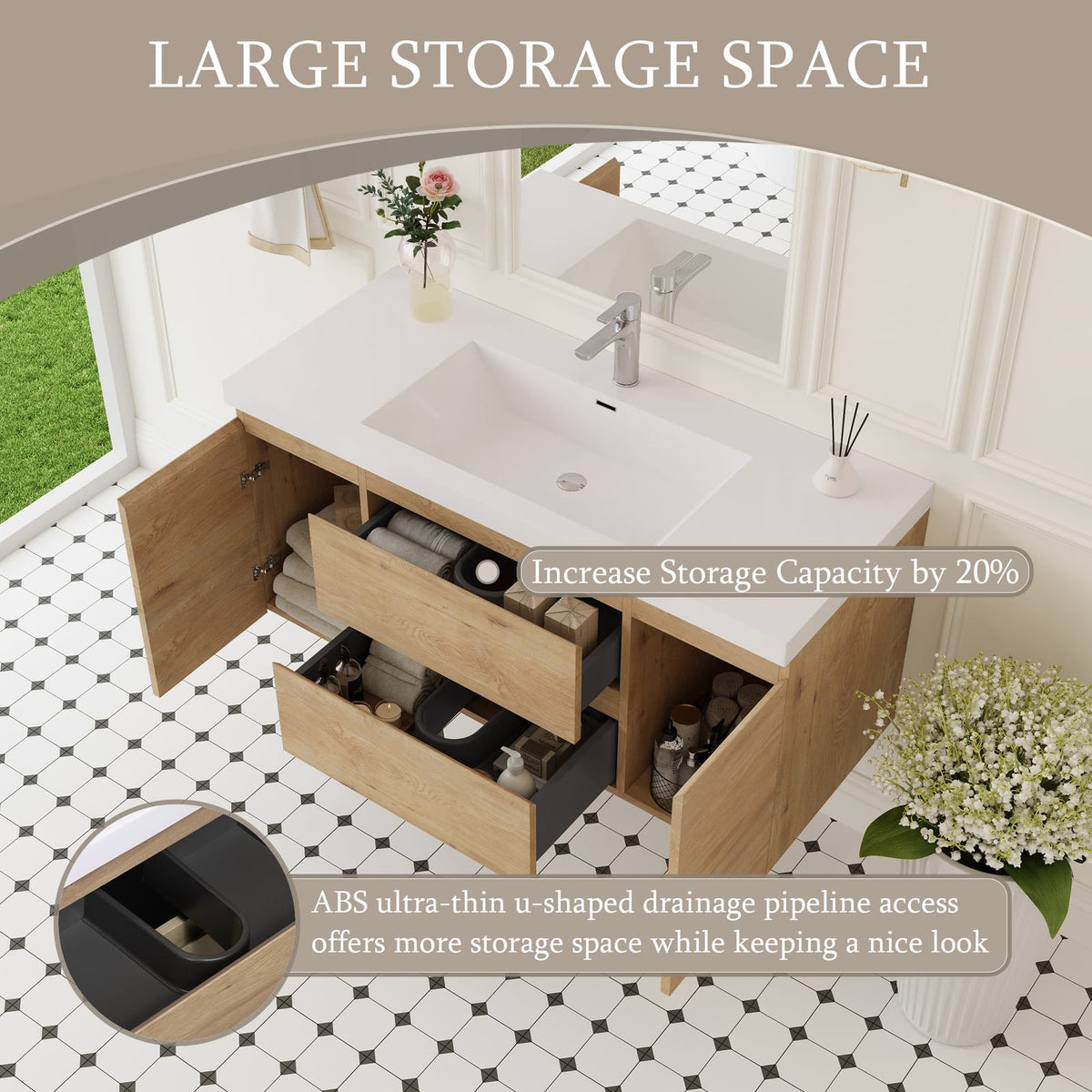 Oak Wall Mounted Bathroom Vanity with Sink - 48" Storage Cabinet