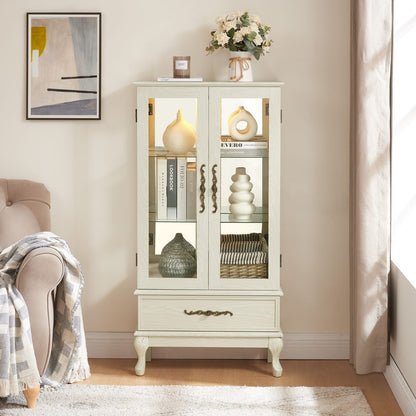 Antique White Curio Cabinet - Glass Display Shelves for Living Room