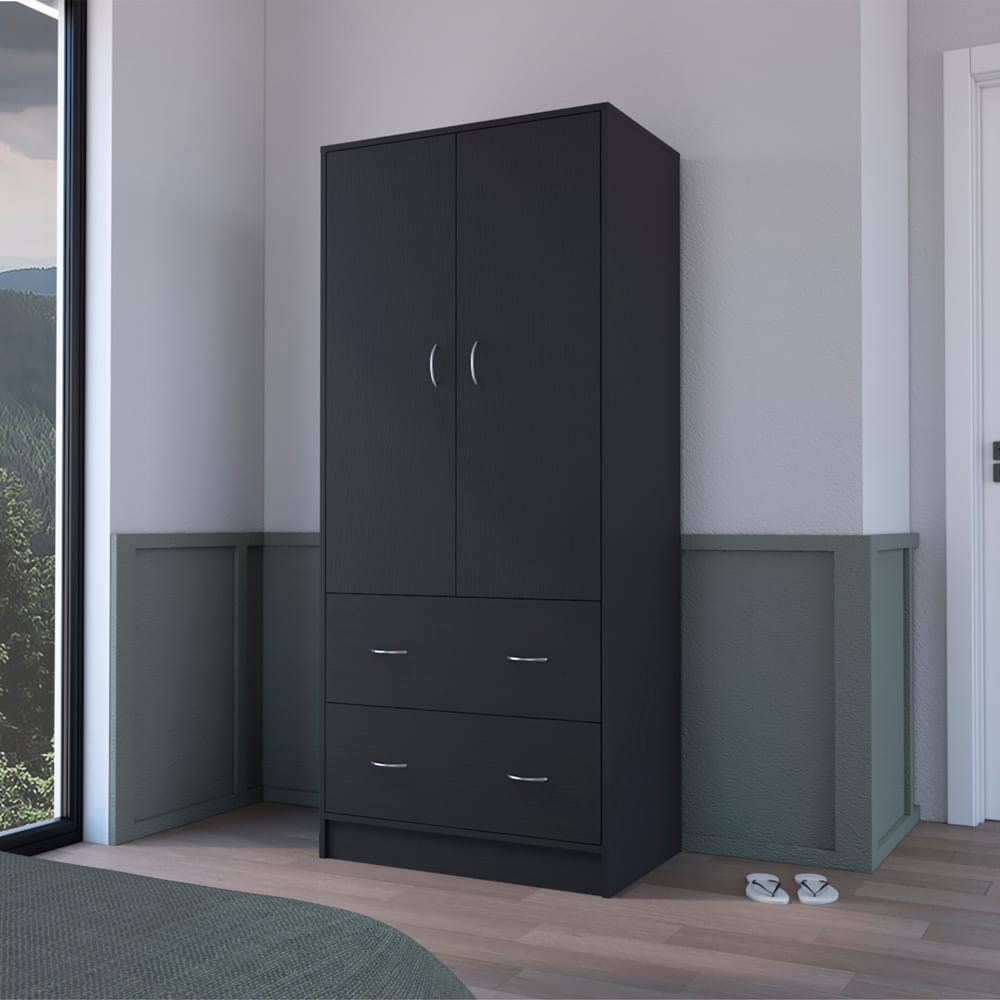 Black Engineered Wood Armoire for Bedroom Storage and Wardrobe