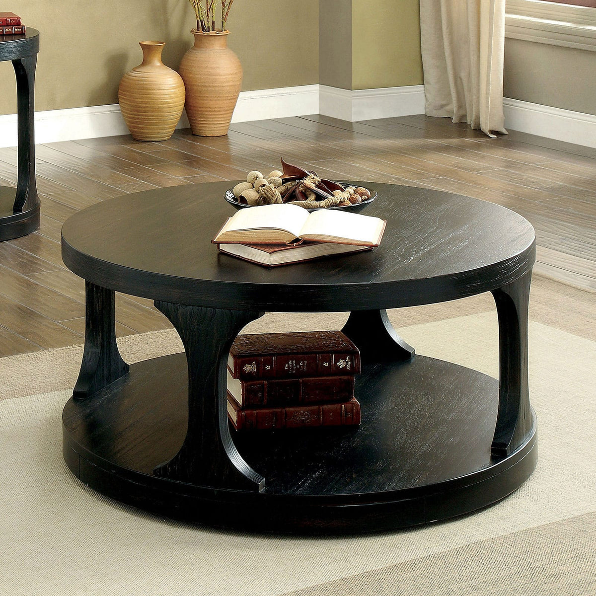 Antique Black Round Coffee Table with Shelf - 36" Diameter for Living Room