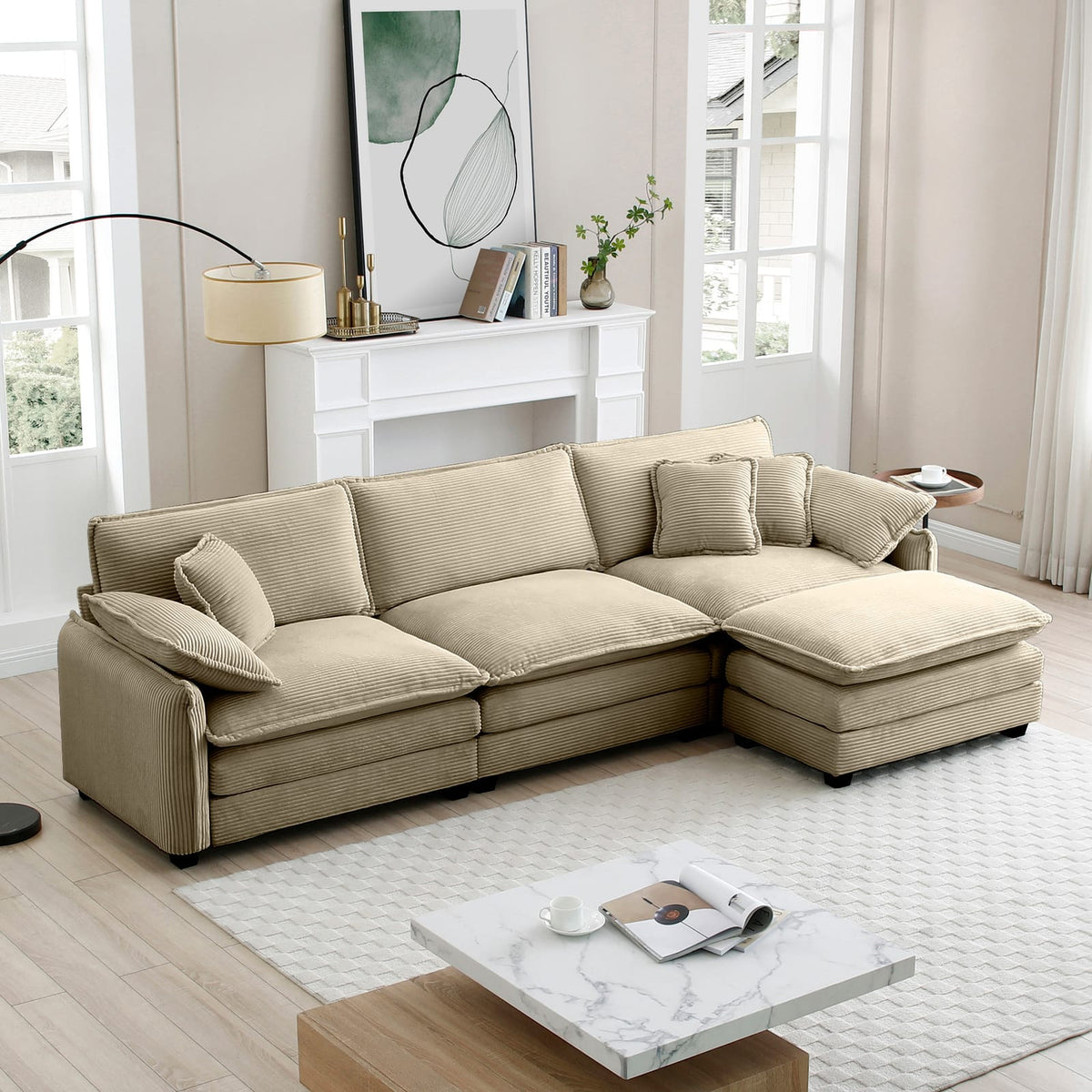 Tan Corduroy 3-Seater Sofa with Footrest - Retro Style for Living Room