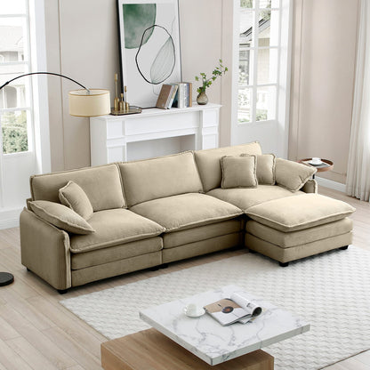 Tan Corduroy 3-Seater Sofa with Footrest - Retro Style for Living Room