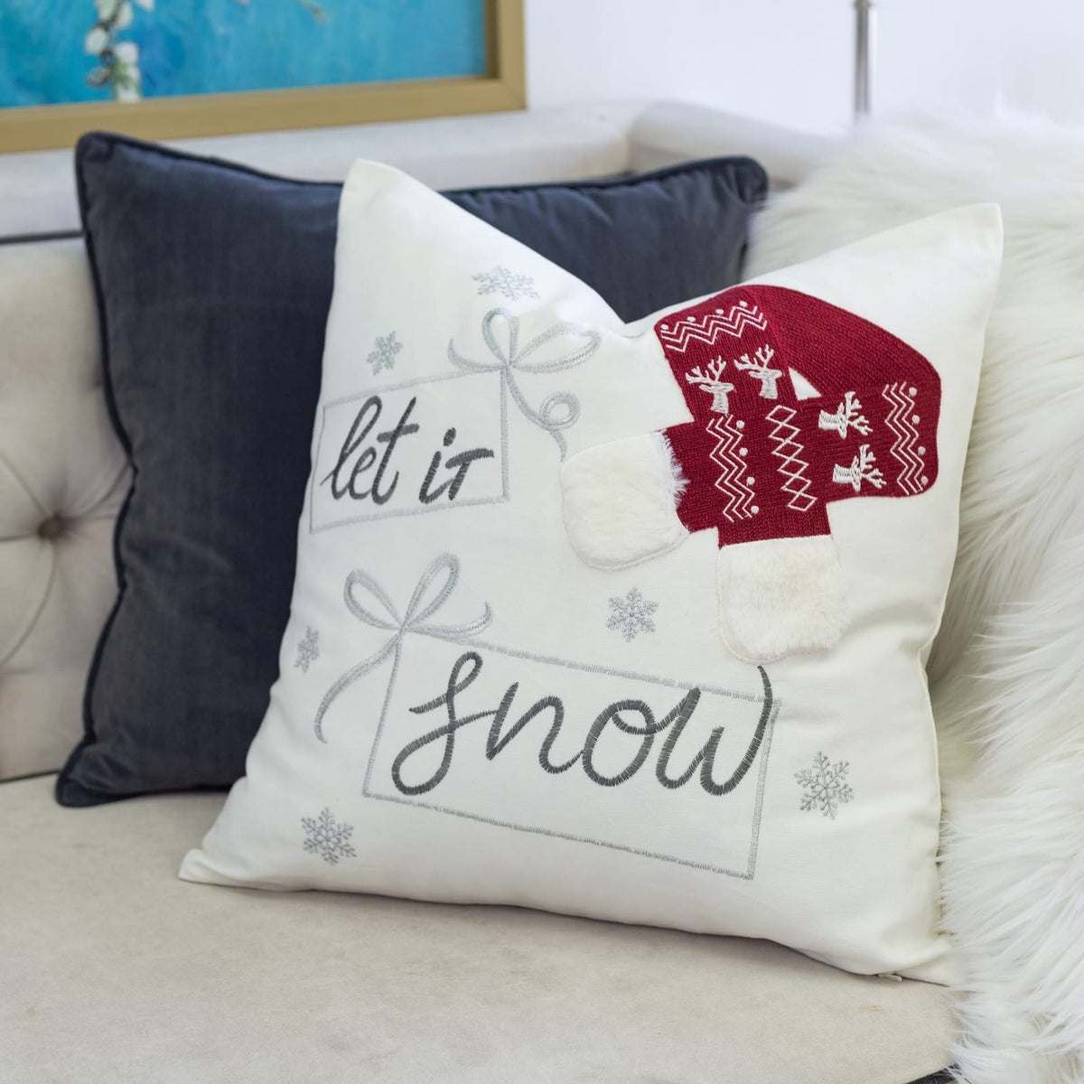 Red Polyester Let It Snow Throw Pillow 20x20 Inch