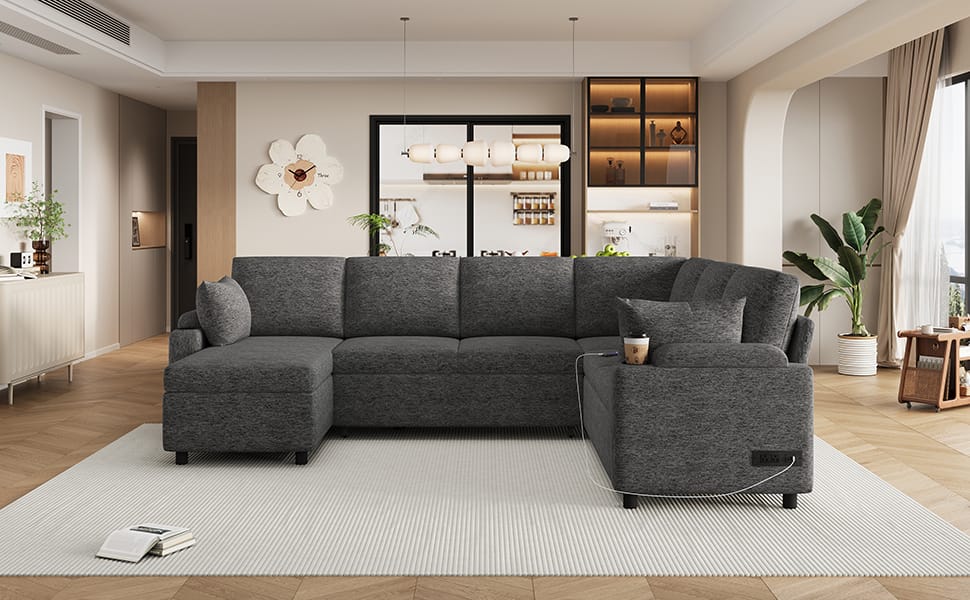 109.9" Grey Chenille U-Shaped Sofa Bed with Storage for Living Room
