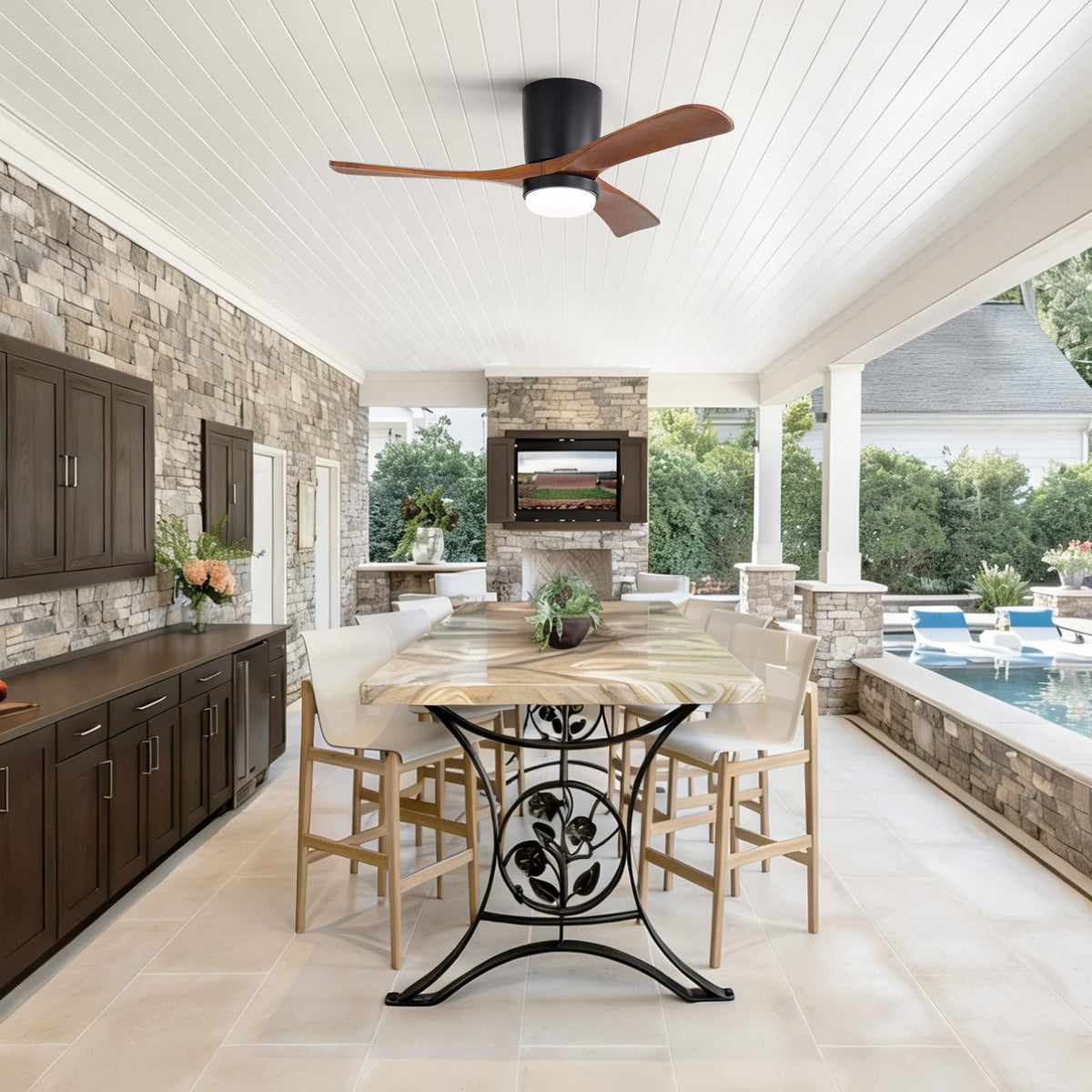 42 Inch Ceiling Fan with Wood Blades, Matte Black - Dimmable LED