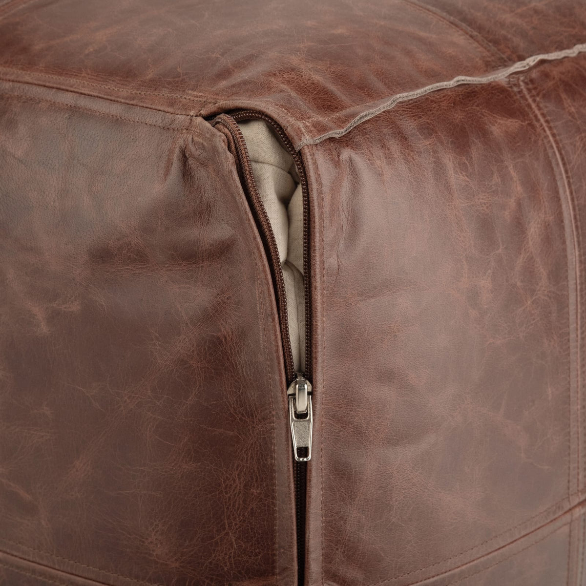 Dark Brown Leather Square Pouf - 18 Inch Wide for Living Room
