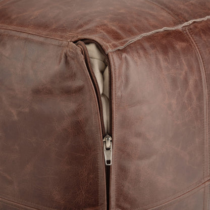 Dark Brown Leather Square Pouf - 18 Inch Wide for Living Room