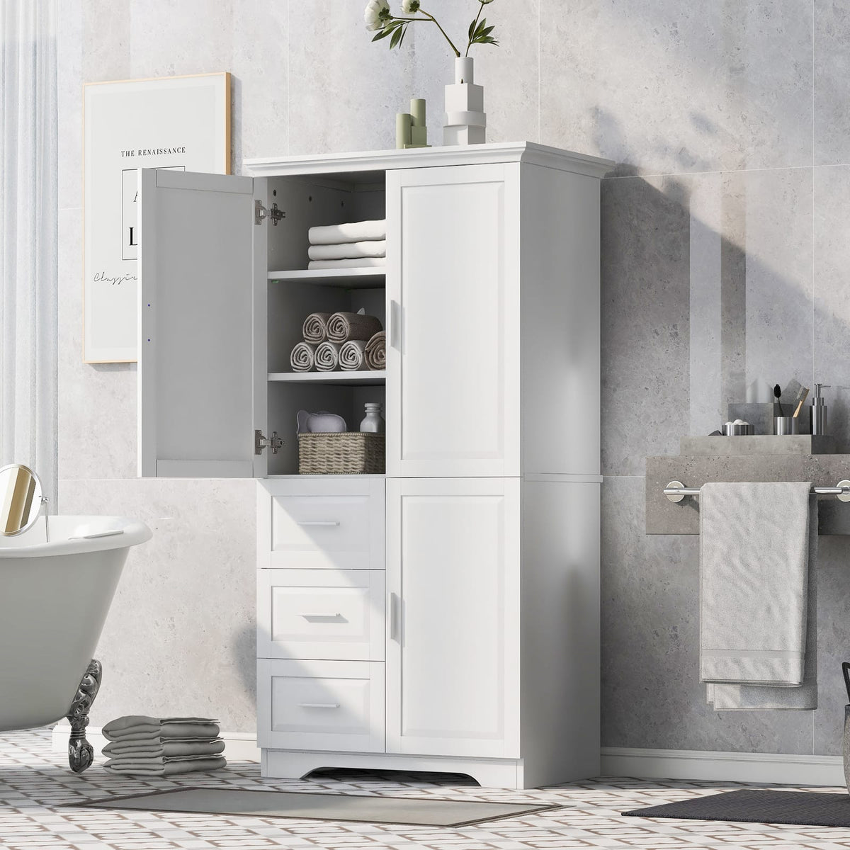 Tall White MDF Bathroom Storage Cabinet with 3 Drawers - Max Space