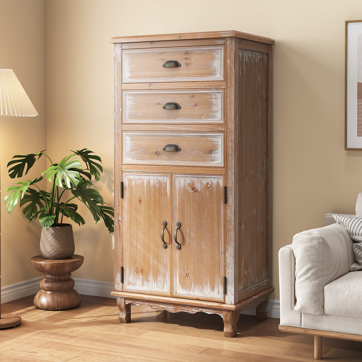 Rustic Wooden Storage Cabinet - 3 Drawers, Natural Wood for Living Room