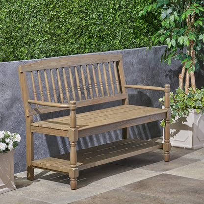 Grey Acacia Wood Farmhouse Bench for Garden Patio Seating