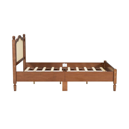 Full Size Walnut Rattan Bed Frame - No Box Spring Needed