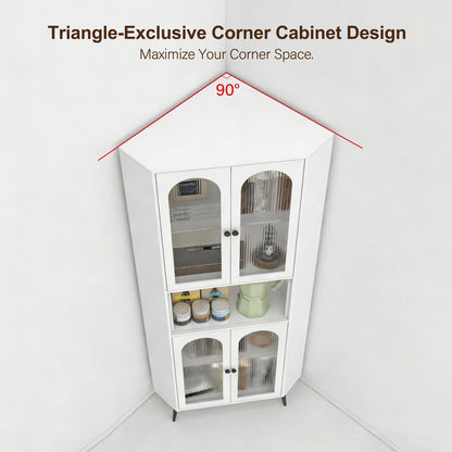 73" White Steel Corner Cabinet - Adjustable Shelves Storage for Living Room