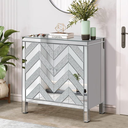 Silver Grey MDF Glass Storage Cabinet with Mirror - Bedroom Storage