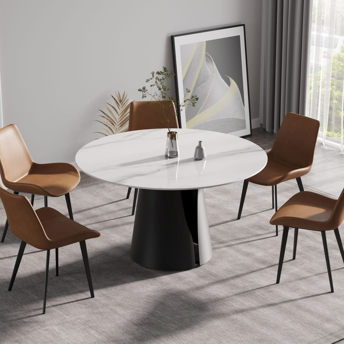 53.15" Modern Artificial Stone Round Dining Table - Black Base