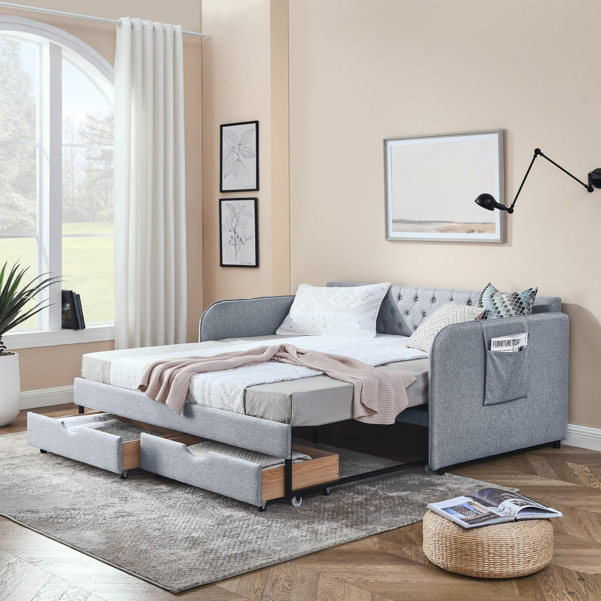 Grey Linen Daybed with Trundle - Twin to King Size