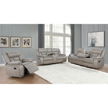 Taupe Leatherette Recliner Sofa with Wall Hugger and Drop-Down Table for Living Room