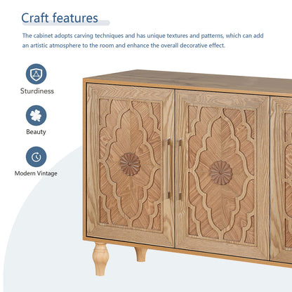 Large Carved Flower Door Cabinet - Natural Wood Storage