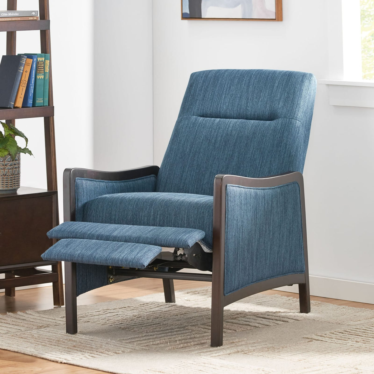 Navy Blue Fabric Recliner Mid-Century Modern Style - Pushback Sofa