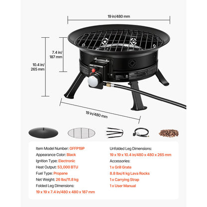 19 Inch Portable Propane Fire Pit - Black Stainless Steel Outdoor Heating