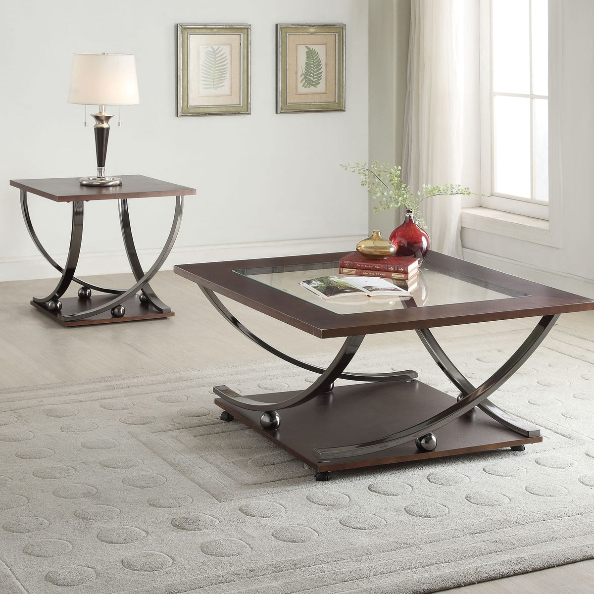 Black Silver Square End Table with Bottom Shelf Storage for Living Room