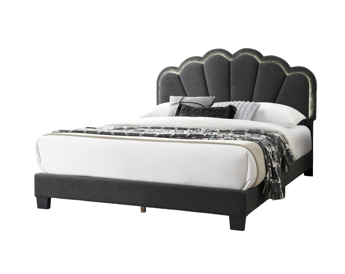 Queen Size Bed Frame - Charcoal Wool Floral Headboard Box Spring Not Required
