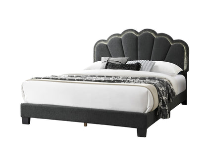 Queen Size Bed Frame - Charcoal Wool Floral Headboard Box Spring Not Required
