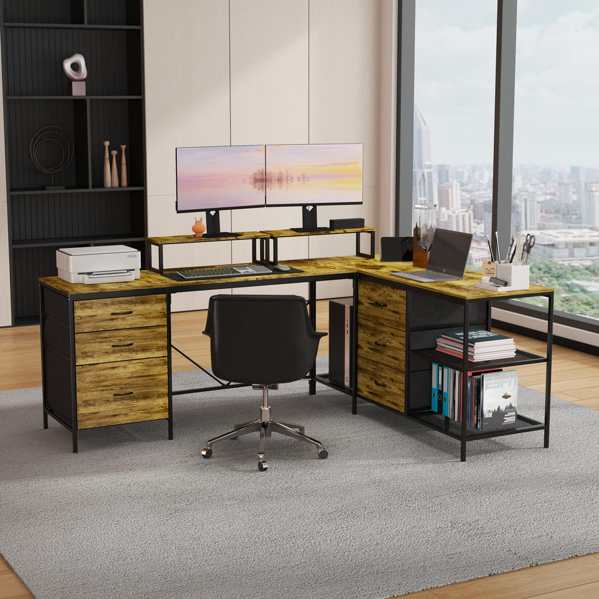L-Shaped Gaming Desk with Power Hub - 6 Drawers, 114 Inch Brown