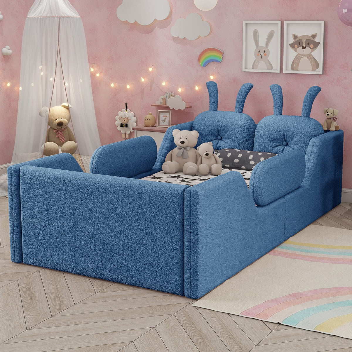 Twin Size Teddy Upholstered Bed with Rabbit Cushions