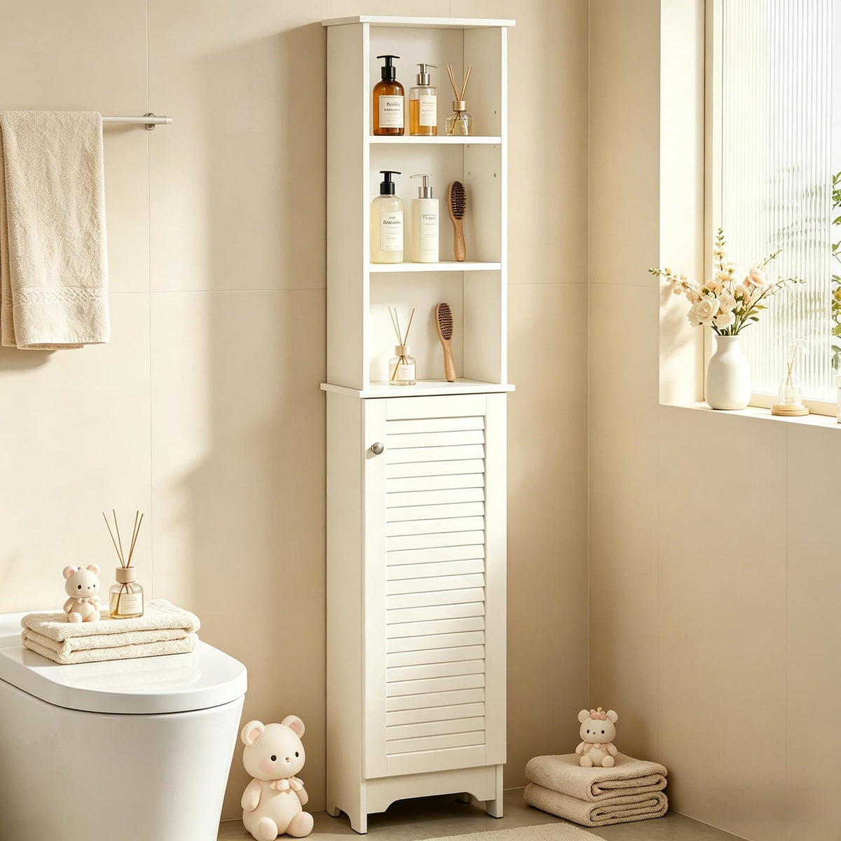 White Bathroom Storage Cabinet - Tall Freestanding Unit