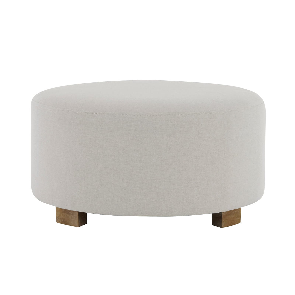 White Fabric Round Ottoman with Wooden Legs - Modern Minimalist for Living Room